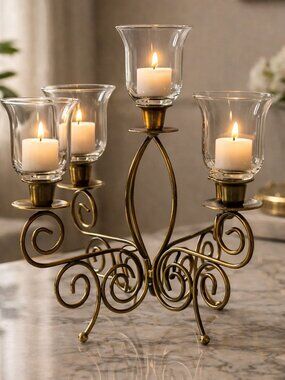 5 Votive Candle Holder Centerpiece Gold Scroll Metal Glass Cups Elegant Decor